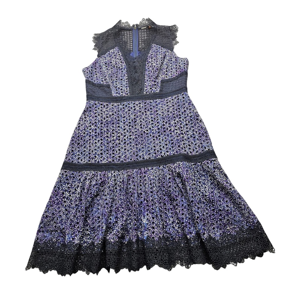 Elie Tahari Floral Eyelet Lace Sleeveless Midi Dress Purple Blue Women 8 5395